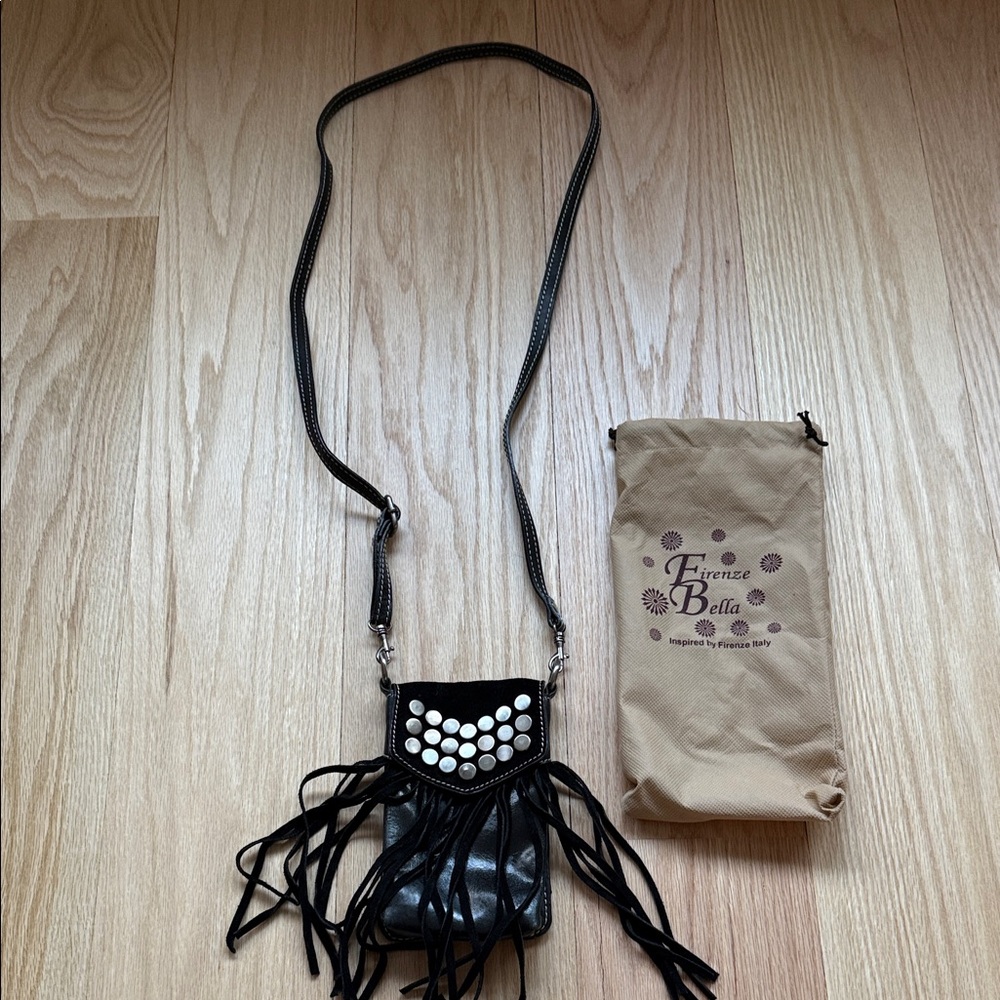 Black Small Crossbody Bag with studded and fringe details